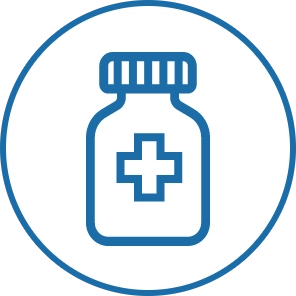 Icon of blue pill bottle with blue cap and first-aid cross in a blue circle with white background