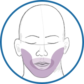 Sketch of head inside a blue circle, with mouth area shaded in purple