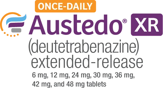 Once-daily AUSTEDO® XR (deutetrabenazine) extended-release tablets 6 mg, 12 mg, 24 mg, 30 mg, 36 mg, 42 mg, and 48 mg tablets Logo.